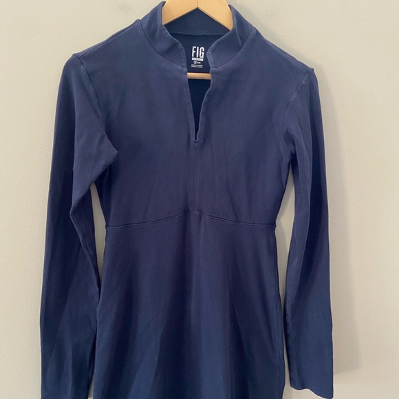 FIG Voyage Navy Blue Stretch Cotton Travel Long Sleeve Fitted Preppy Midi Dress - Picture 4 of 4